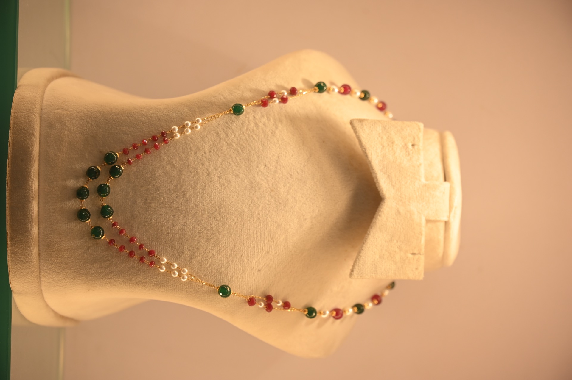 Ruby, emerald and pearl beaded gemstone necklace